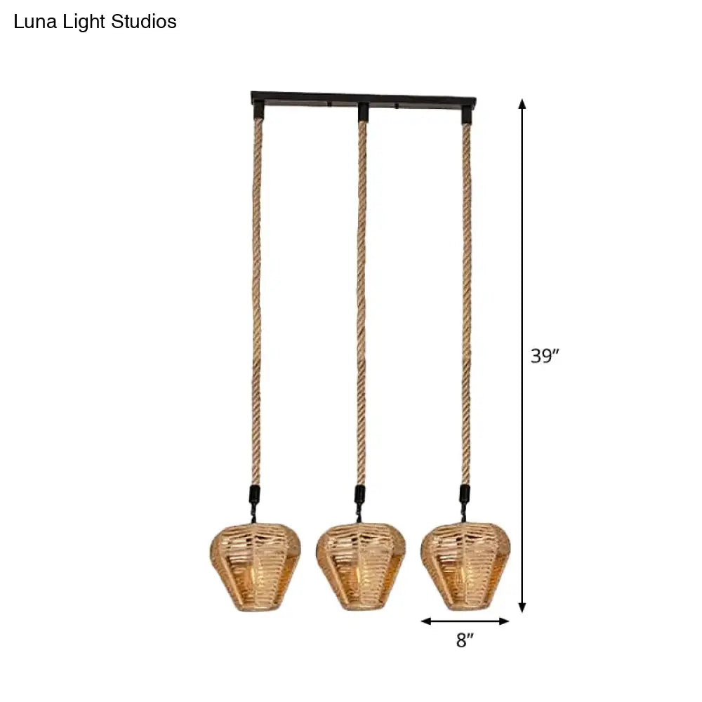 Rustic Brown Hemp Rope Pendant Light Fixture With Inverted Droplets - Multi-Light Option
