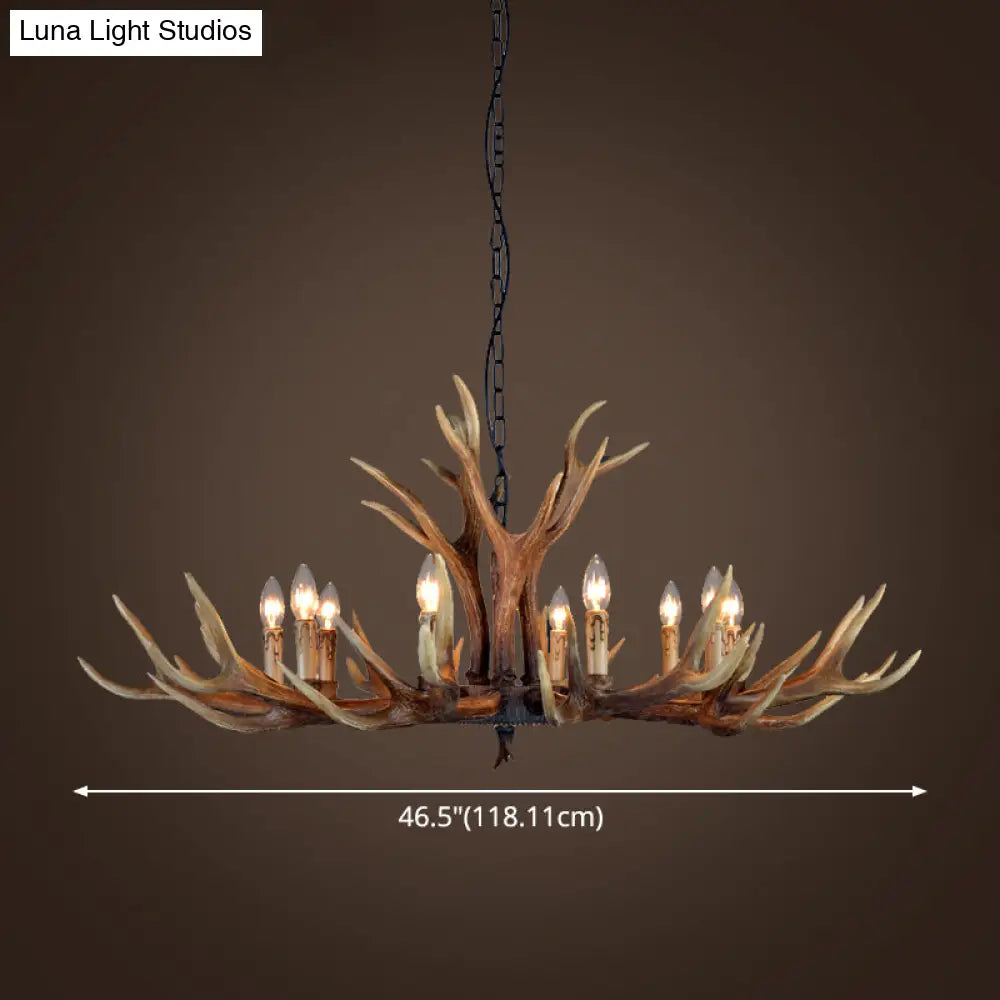 Rustic Brown Resin Antler Chandelier Ceiling Light With Candle Design - Authentic Look
