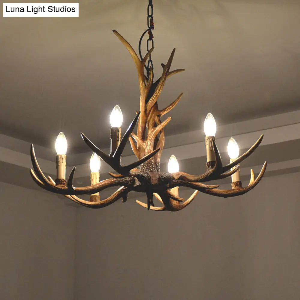 Rustic Brown Resin Antler Chandelier Ceiling Light With Candle Design - Authentic Look