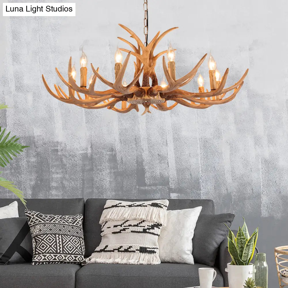 Rustic Brown Resin Chandelier With Deer Antler - 4/6/8 Heads Candle Pendant Light For Dining Room