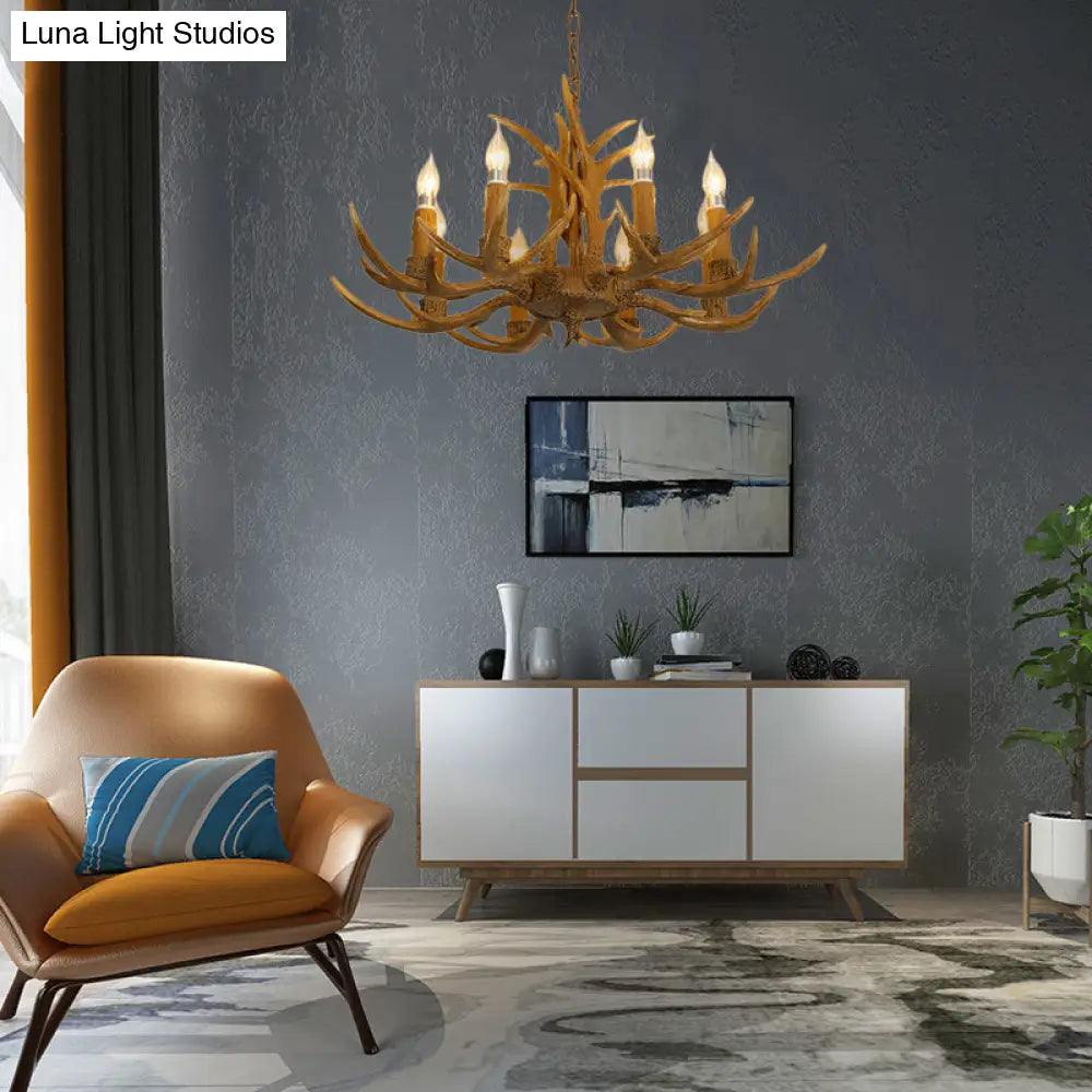 Rustic Brown Resin Chandelier With Deer Antler - 4/6/8 Heads Candle Pendant Light For Dining Room