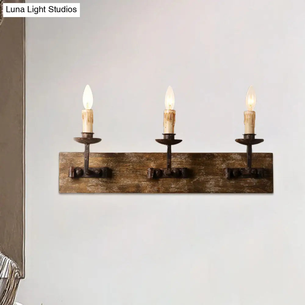 Rustic Candelabra Wall Light Fixture - 1/2/3-Bulb Metallic Lamp In Brown With Wood Backplate