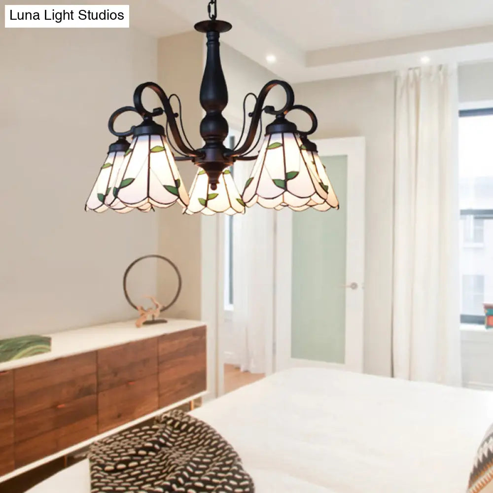 Rustic Cone Pendant Light With Gooseneck Rhombus/Leaf Pattern - 5 Lights Stained Glass Chandelier