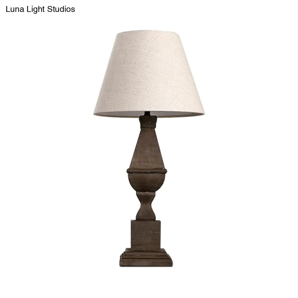 Rustic Countryside Night Light: Brown Conic Fabric 1-Bulb Table Lamp With Resin Base