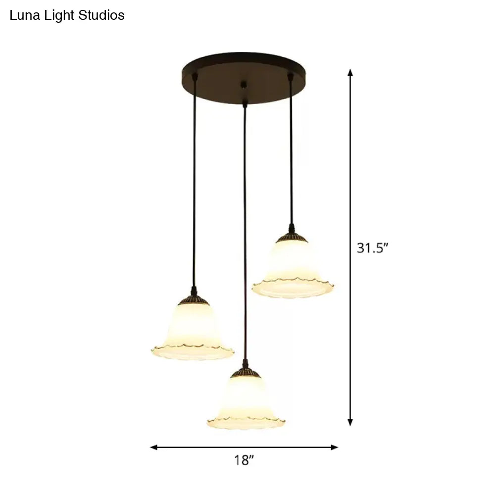 Rustic Cream Glass 3-Bulb Black Pendant Light - Flower-Inspired Dining Room Hanging Fixture