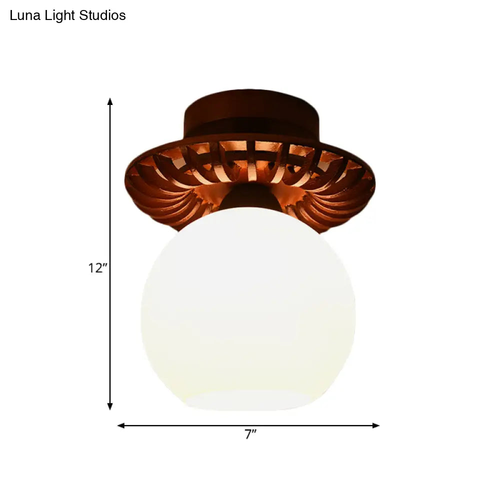 Rustic Cream Glass Flush Mount Ceiling Light With Wood Frame - Brown Globe/Square Design