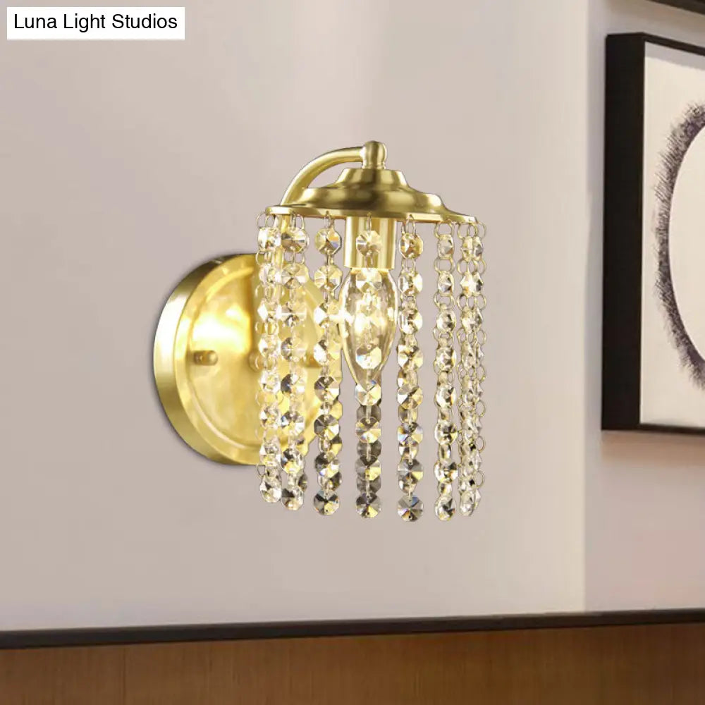 Rustic Crystal Bead Brass Wall Sconce With 1 Light Cylinder Mount Fixture