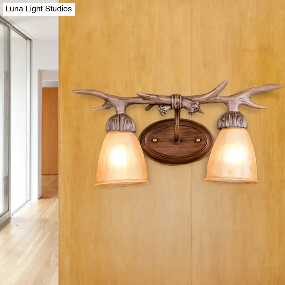 Rustic Dark Wood Cone Wall Sconce With Antler Deco - 2-Light Corridor Lamp
