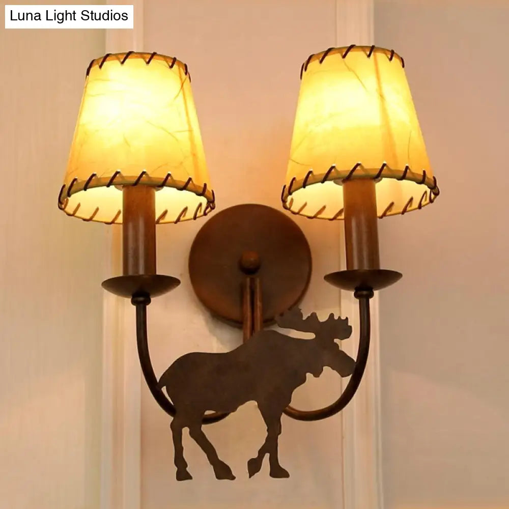 Rustic Deer-Themed Metal Sconce Lighting: Tapered 2-Light Wall Mounted Lamp For Living Room