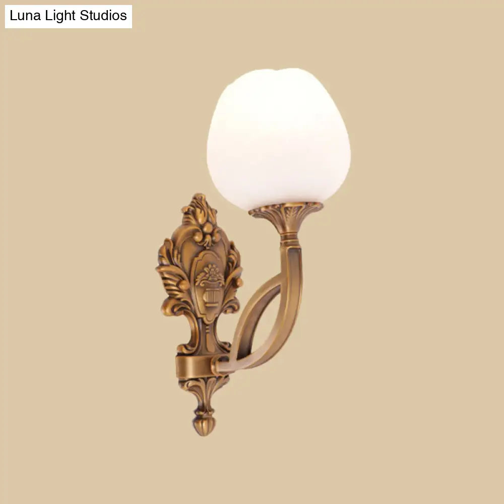 Rustic Flower Wall Mounted Lamp: 1-Light Cream Glass Sconce In Brass With Carved Backplate