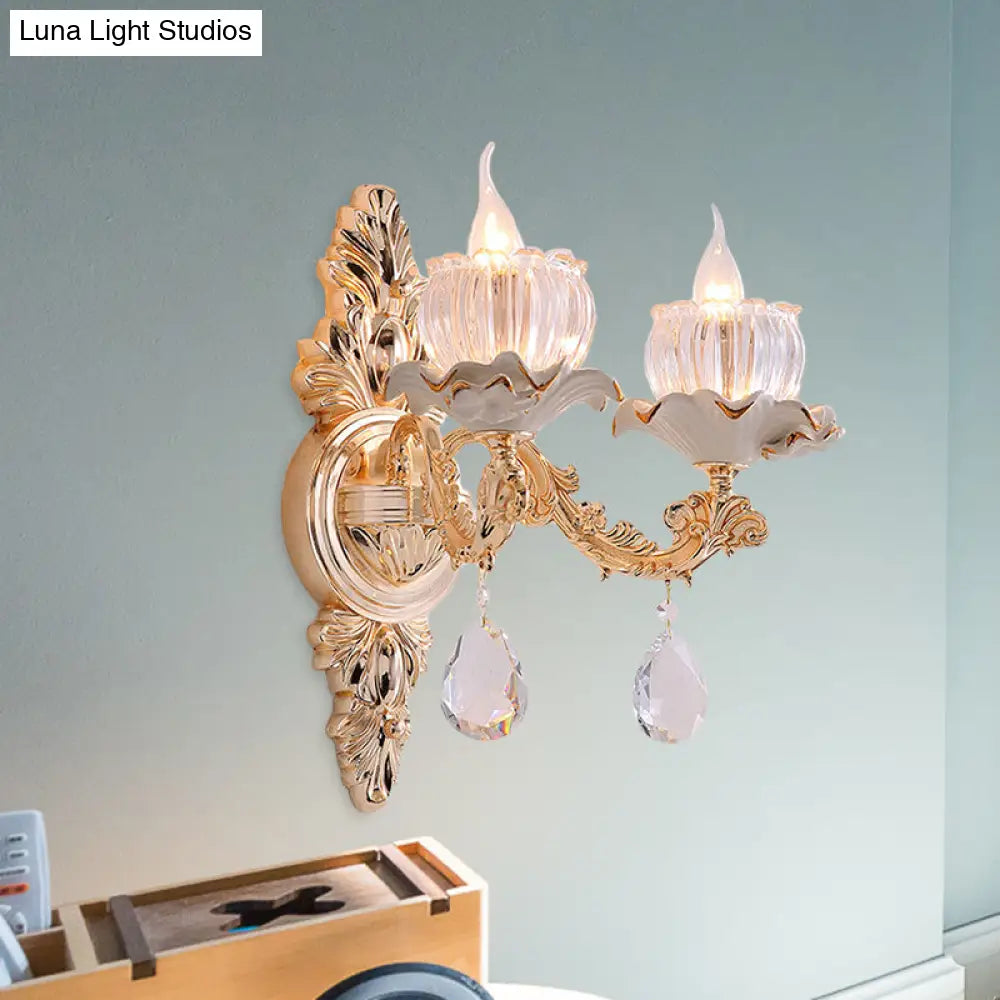 Rustic Gold Ruffle Wall Mount Sconce Light With Clear Ribbed Glass - Traditional Design