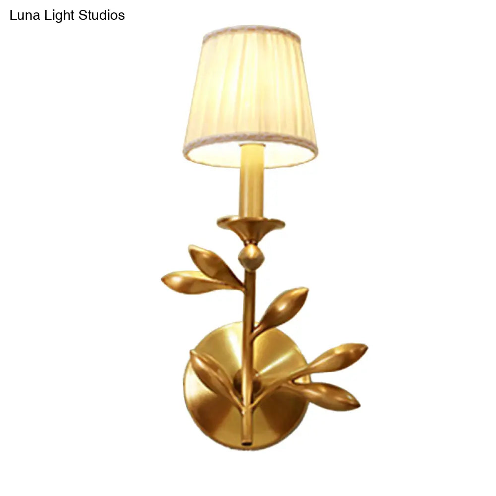 Rustic Gold Tapered Wall Lamp With Gathered Fabric & Wheat Decor