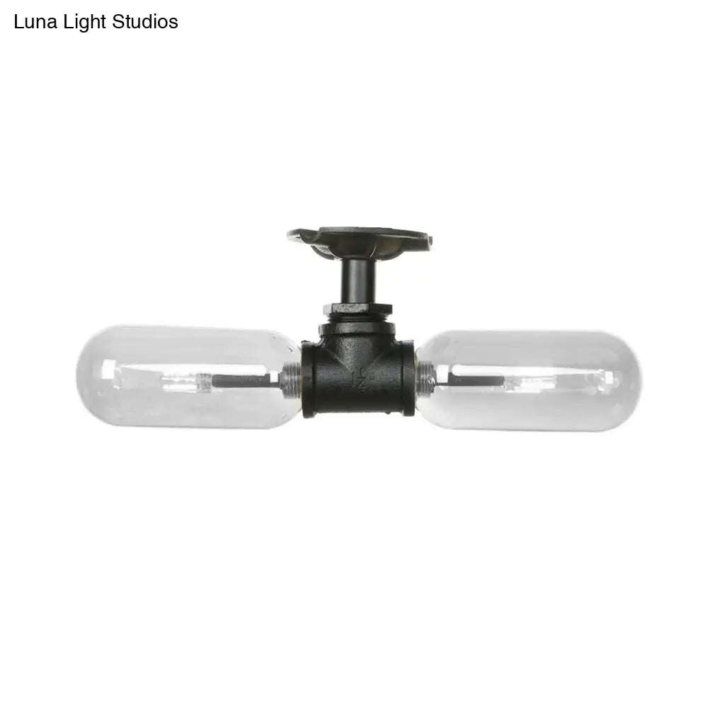 Rustic Matte Black Flush Light With Clear Glass Shade And 2-Lights For Living Room Ceiling