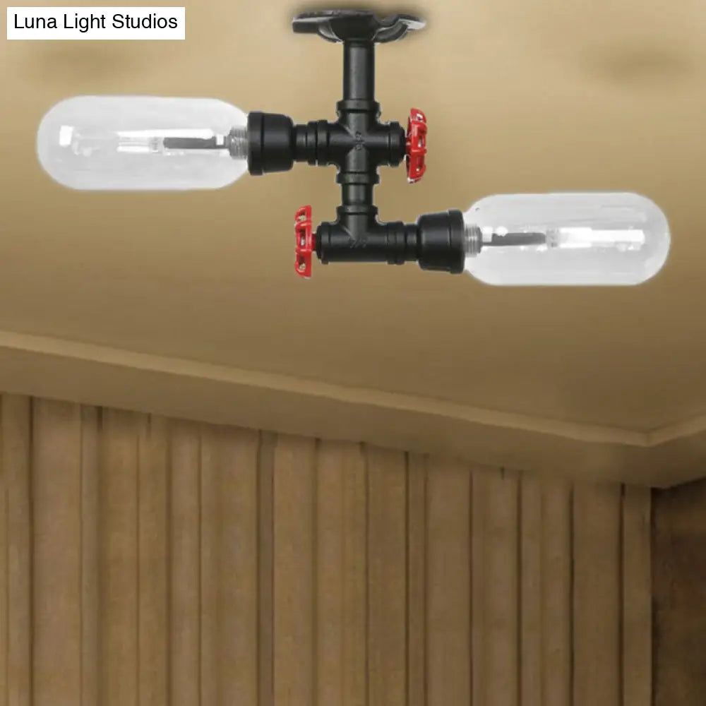 Rustic Matte Black Flush Light With Clear Glass Shade And 2-Lights For Living Room Ceiling