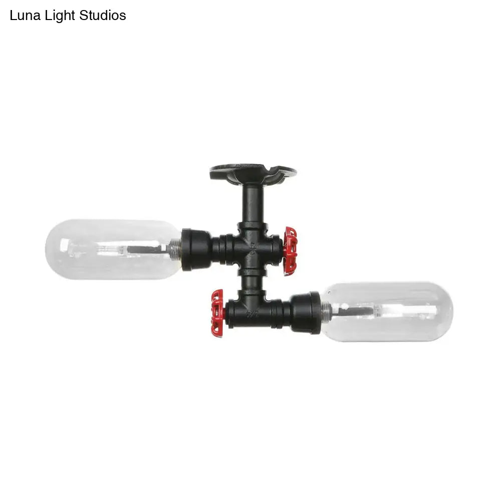 Rustic Matte Black Flush Light With Clear Glass Shade And 2-Lights For Living Room Ceiling