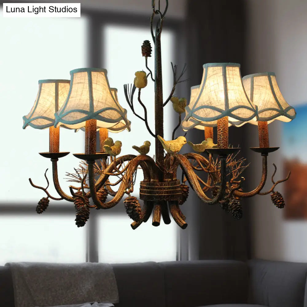 Rustic Metal Pendant Chandelier - 6-Light Scalloped Design In White With Fabric Shade And Pinecone