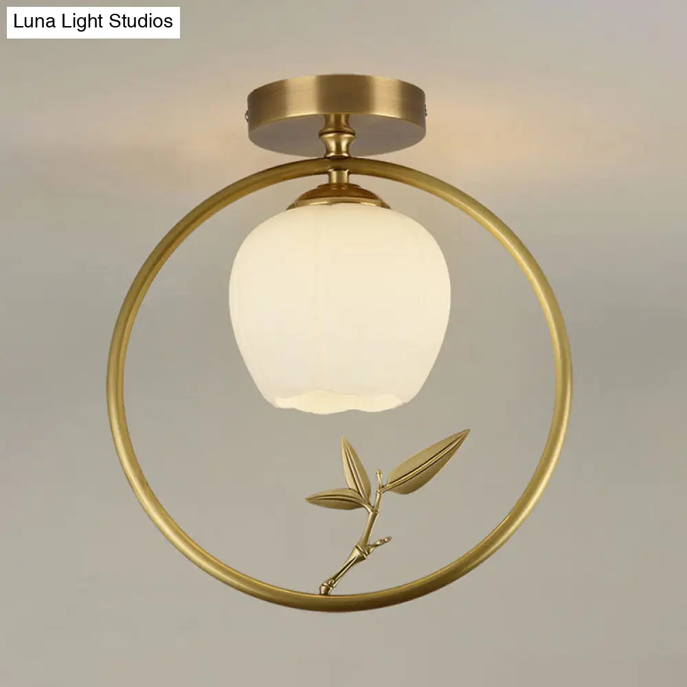 Rustic Opal Glass & Brass Ceiling Lamp With Peacock Decor