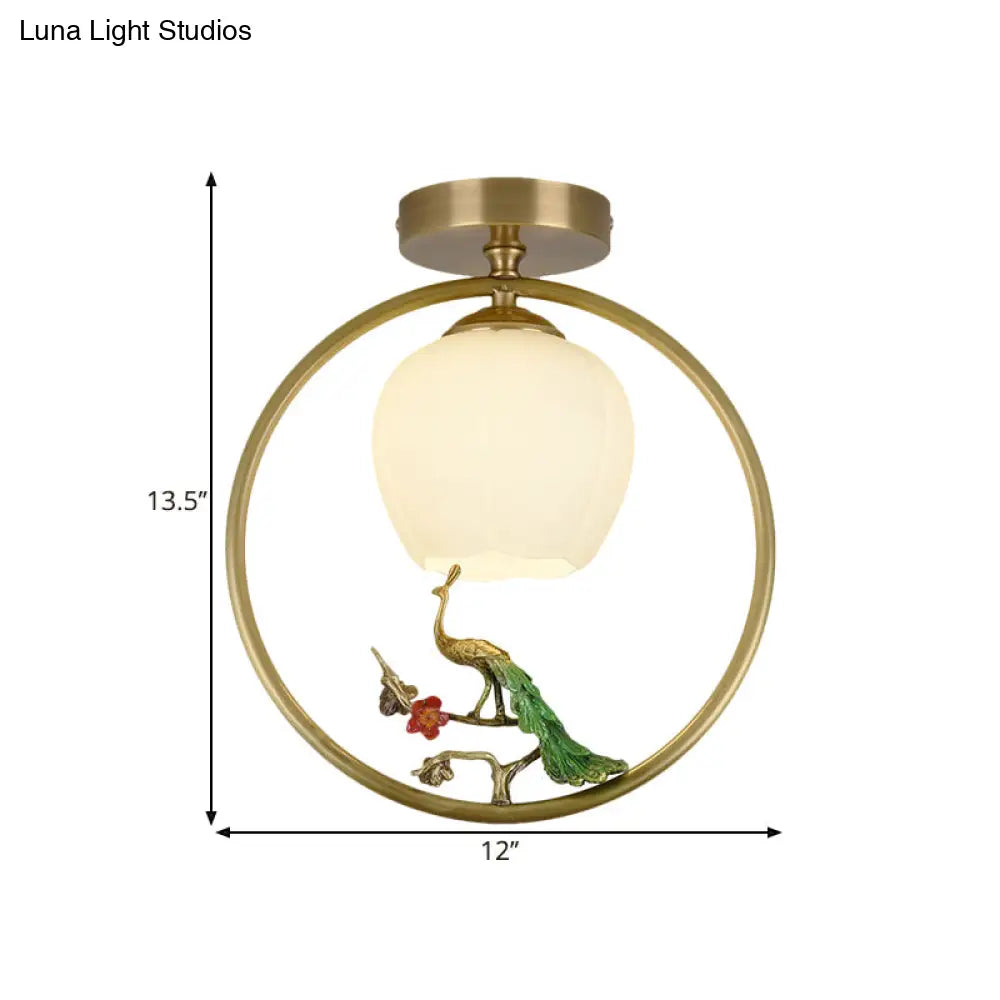 Rustic Opal Glass & Brass Ceiling Lamp With Peacock Decor