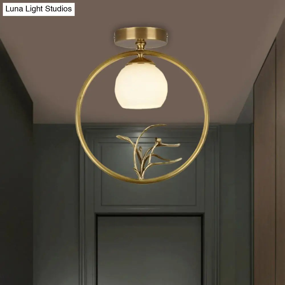 Rustic Opal Glass & Brass Ceiling Lamp With Peacock Decor