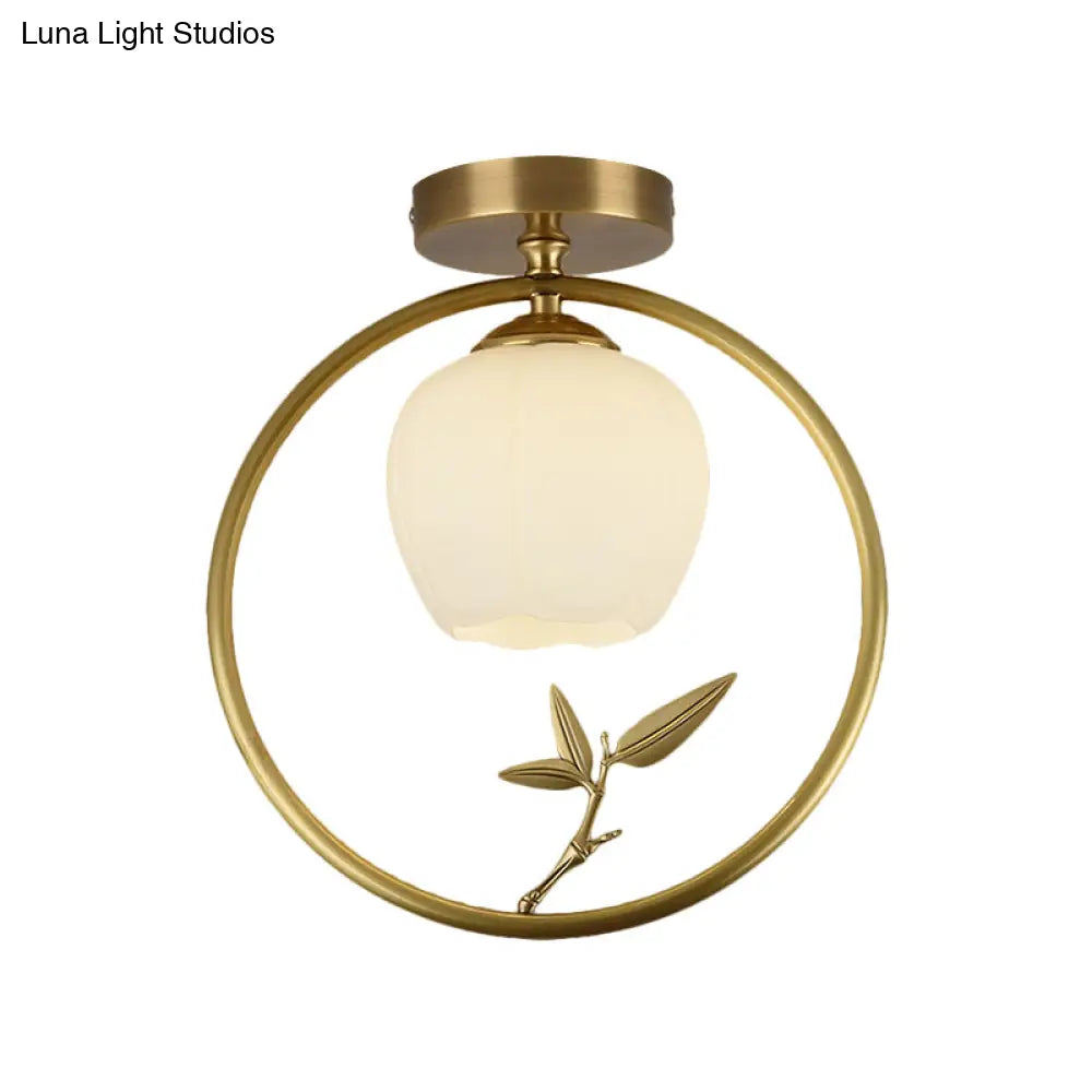 Rustic Opal Glass & Brass Ceiling Lamp With Peacock Decor