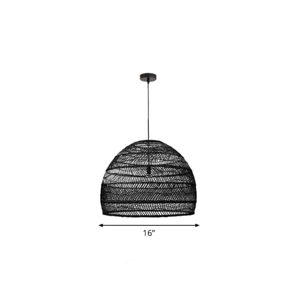 Rustic Rattan 1-Head Domed Pendant Lamp For Bedroom Ceiling Black / Small Round