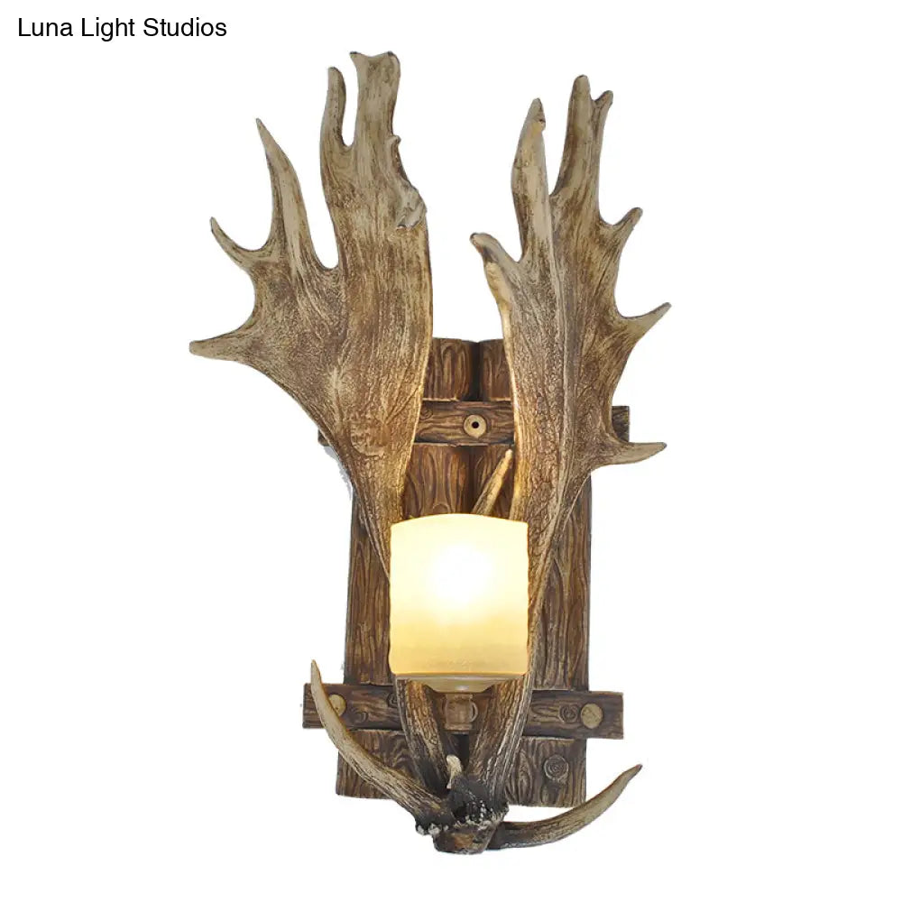 Rustic Resin Antler Wall Mount Light With Handblown Glass Shade - Brown