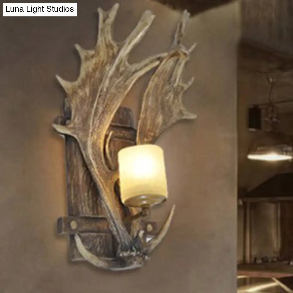Rustic Resin Antler Wall Mount Light With Handblown Glass Shade - Brown