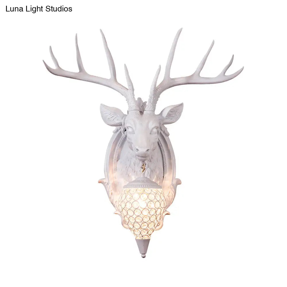 Rustic Resin Deer Wall Light With Crystal Shade - White/Beige/Yellow 1-Light Living Room Sconce Lamp