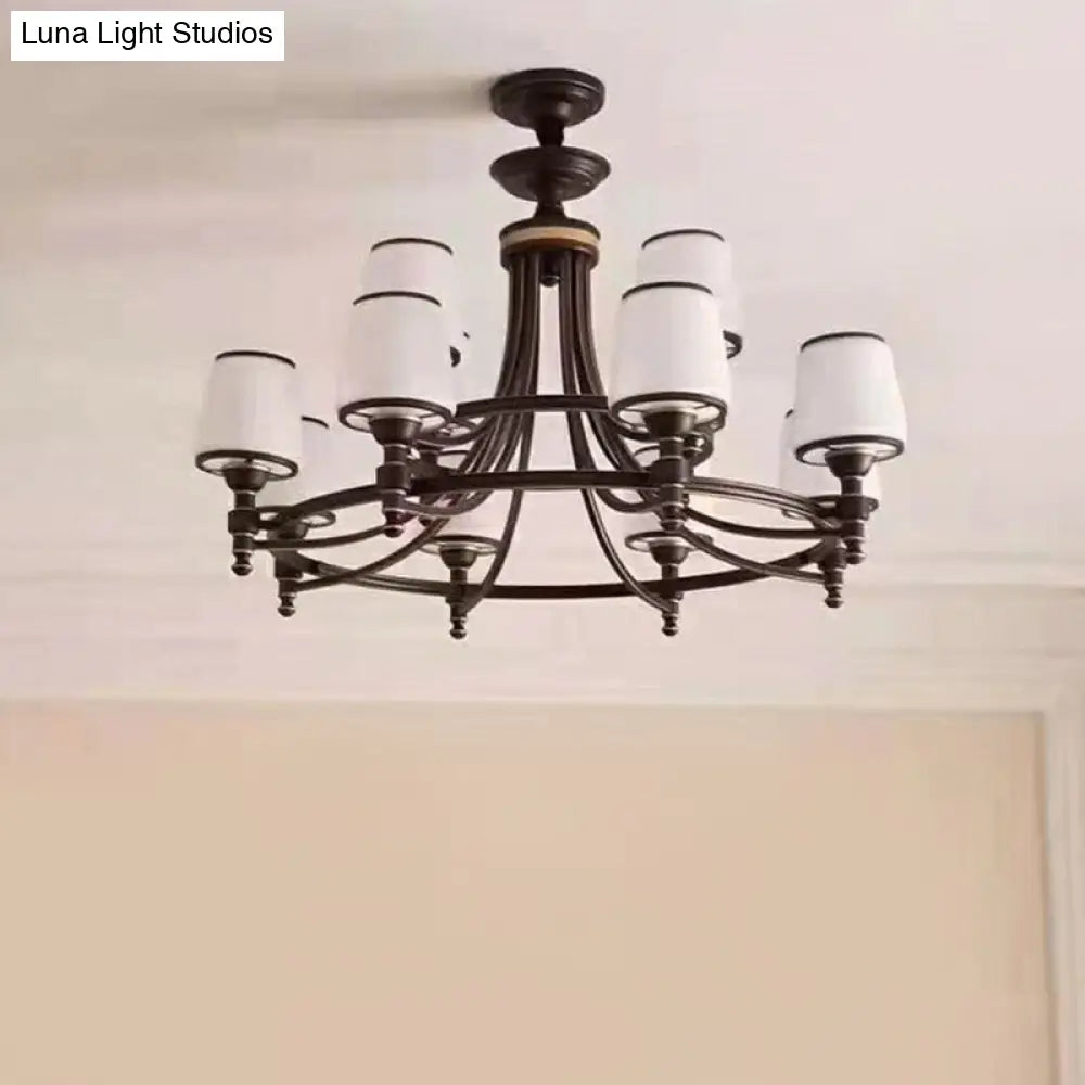 Rustic Ribbed Glass Dining Room Chandelier With Black Tapered Shade