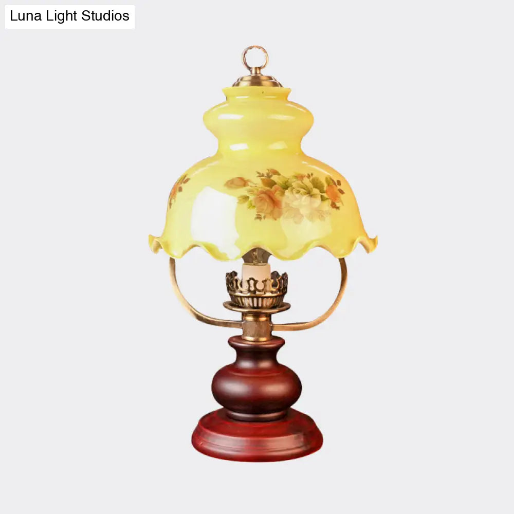 Rustic Ruffle-Brim Gourd Night Lamp With Yellow Patterned Glass - Red Brown Table Lighting