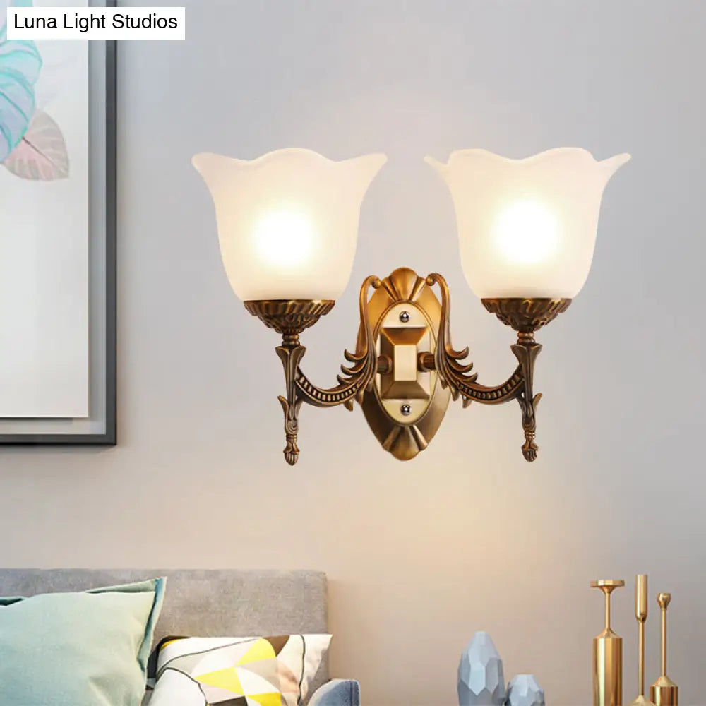 Rustic Scalloped Brass Bell Wall Light With Frosted Glass - Perfect For Living Rooms