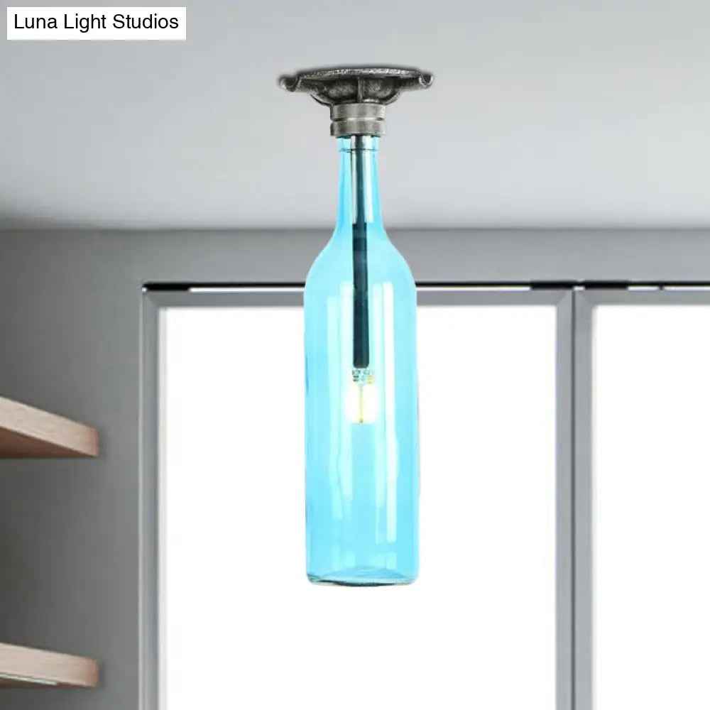 Rustic Semi Flush Bottle Glass Ceiling Light Fixture With Brown/Blue Shades For Corridor
