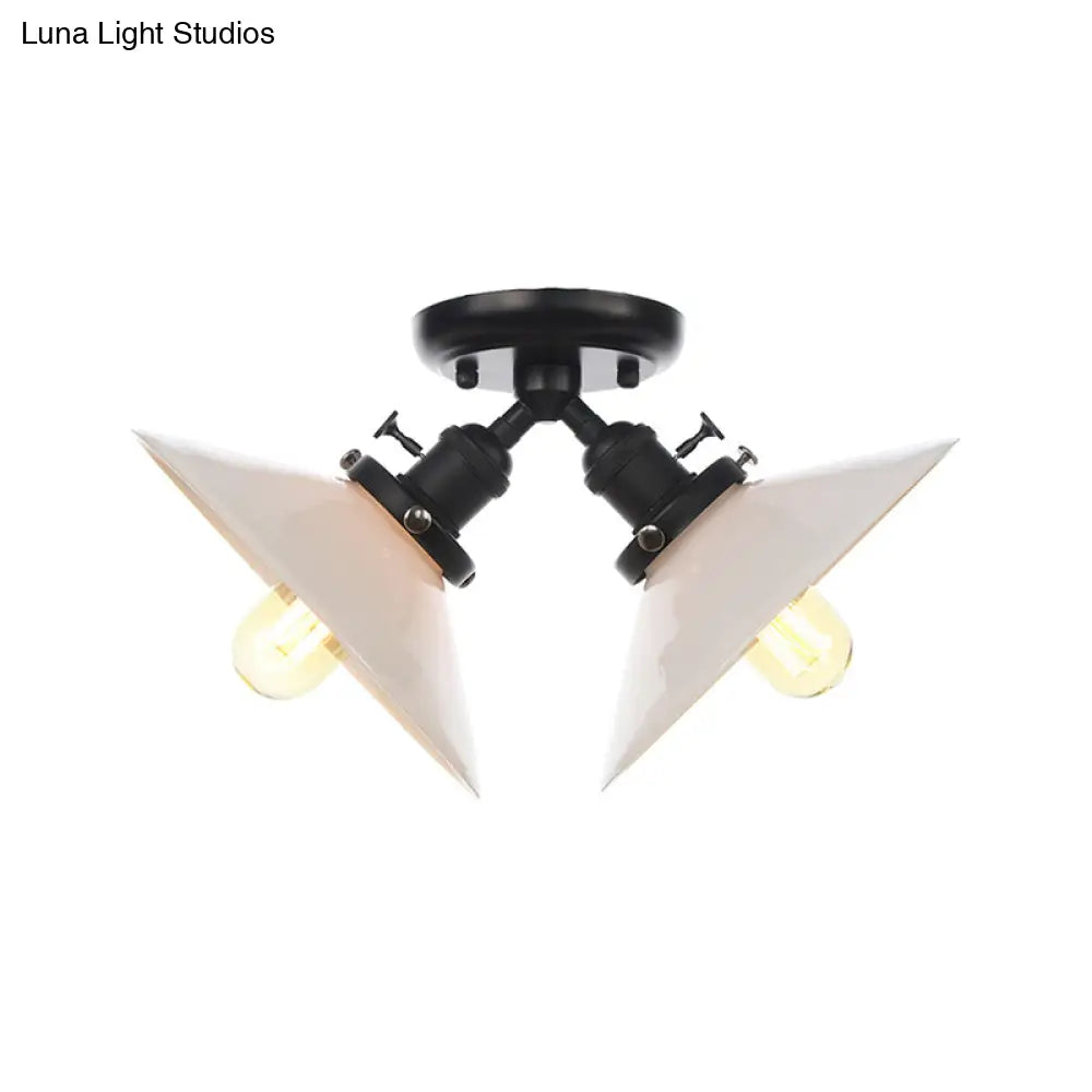 Rustic Semi Flush Ceiling Light With Flared Iron Design And 2 Bulbs - Black/Bronze Finish