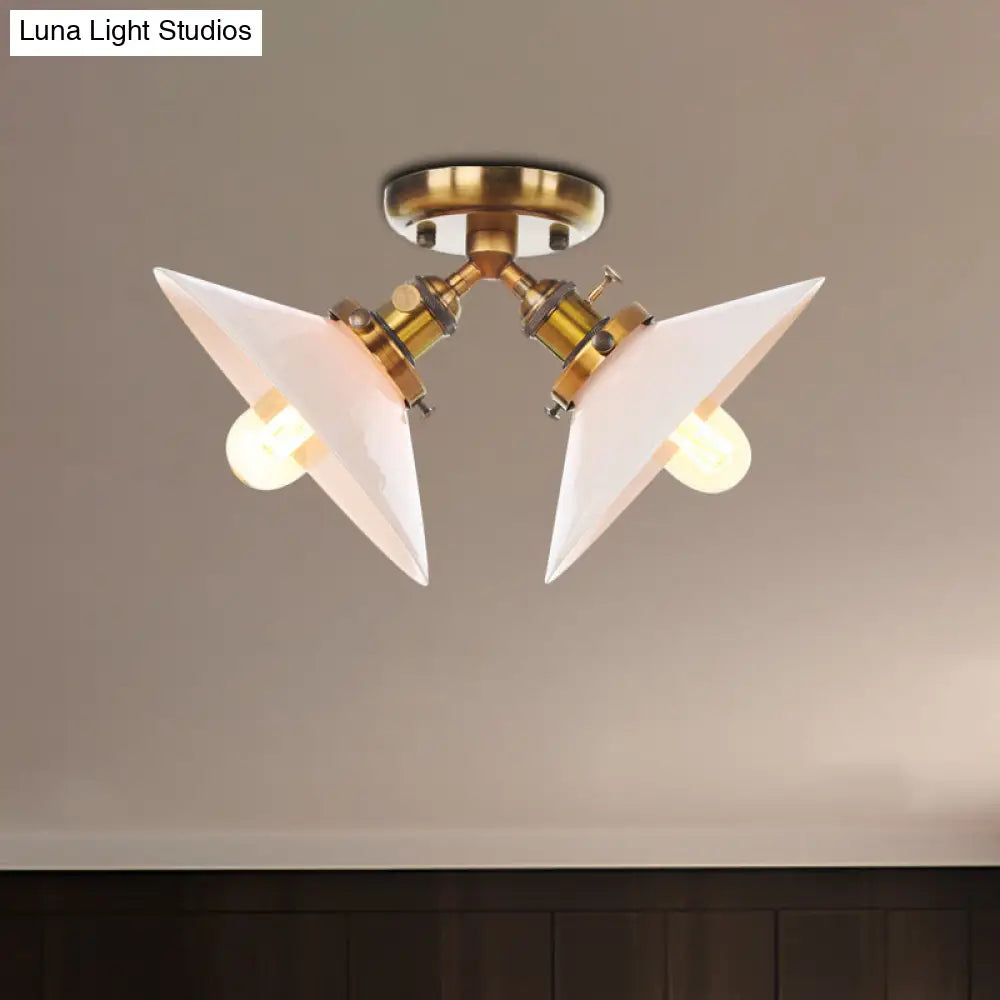 Rustic Semi Flush Ceiling Light With Flared Iron Design And 2 Bulbs - Black/Bronze Finish