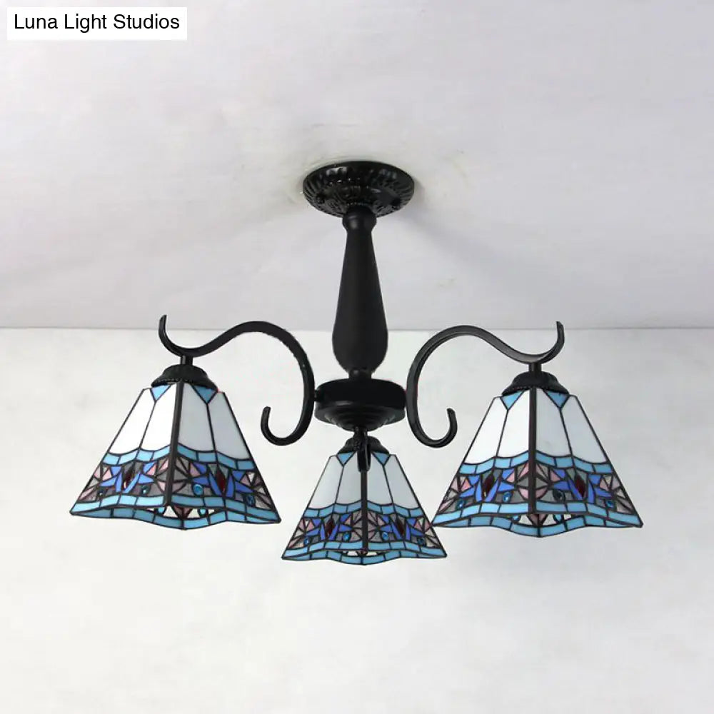 Rustic Stained Glass Ceiling Light Fixture With Geometric Semi Flush Design – 3 Heads