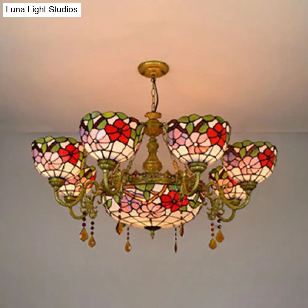Rustic Stained Glass Inverted Chandelier With Scalloped Shade And Flower Pattern - 9 Lights For