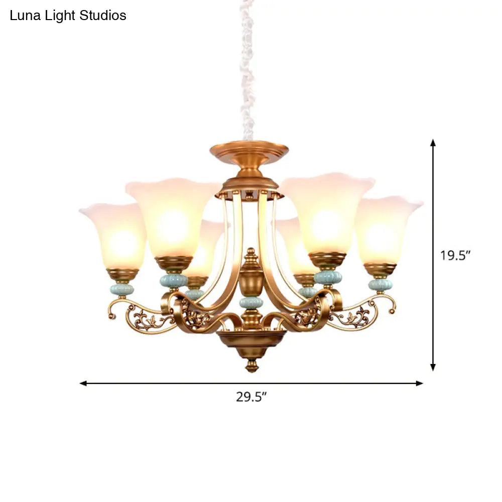 Rustic Style Gold Milky Glass Ceiling Chandelier With Suspended Lighting Pendant - 3/6/8 Heads