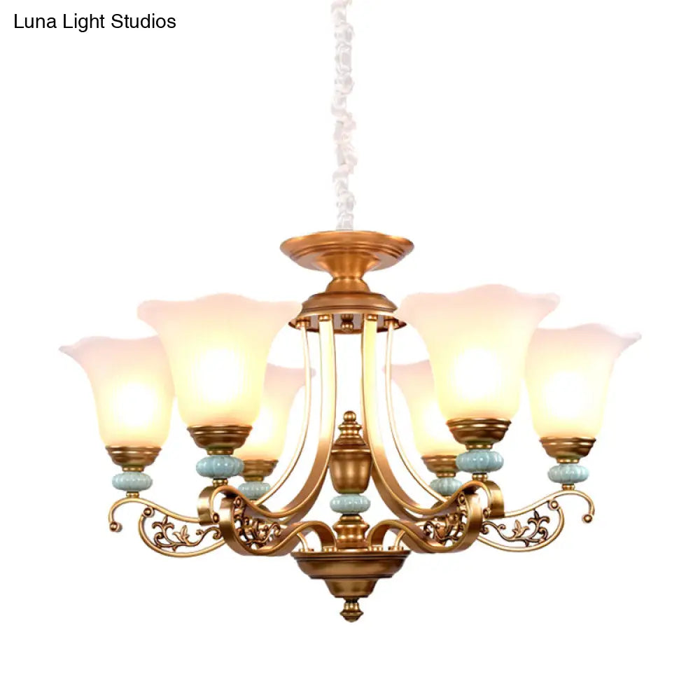 Rustic Style Gold Milky Glass Ceiling Chandelier With Suspended Lighting Pendant - 3/6/8 Heads