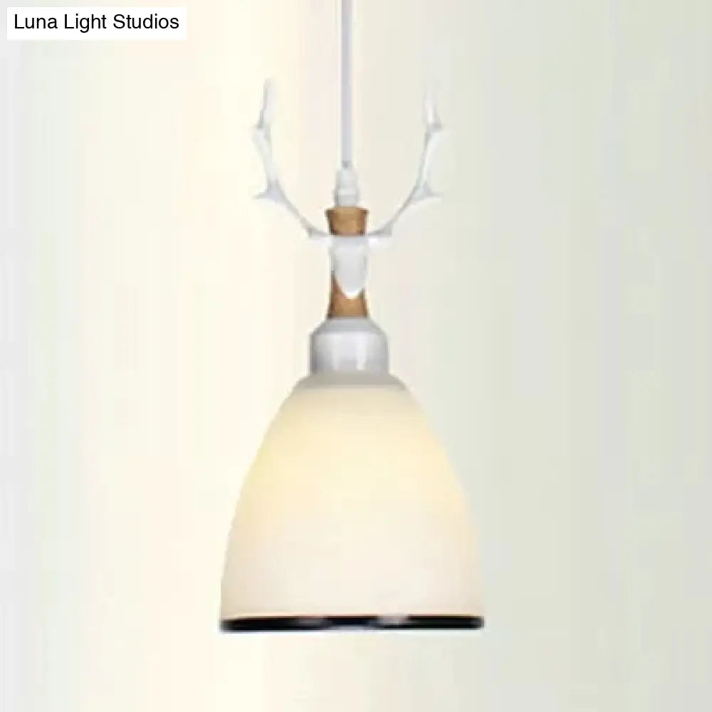 Rustic Style Opal Glass Pendant Lamp With Antlers - Cloth Shop 1 Bulb Suspension Light
