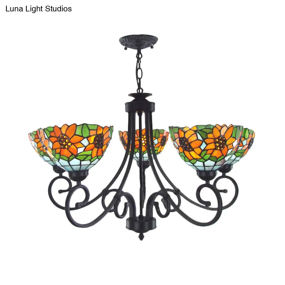 Rustic Sunflower Chandelier Pendant Light With Stained Glass Bowl Shade - 5 Lights In Orange