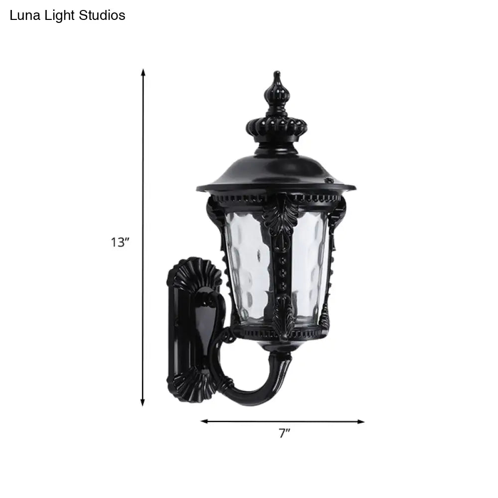 Rustic Urn Water Glass Wall Sconce - 1-Head Mount Lighting For Courtyard (Black)