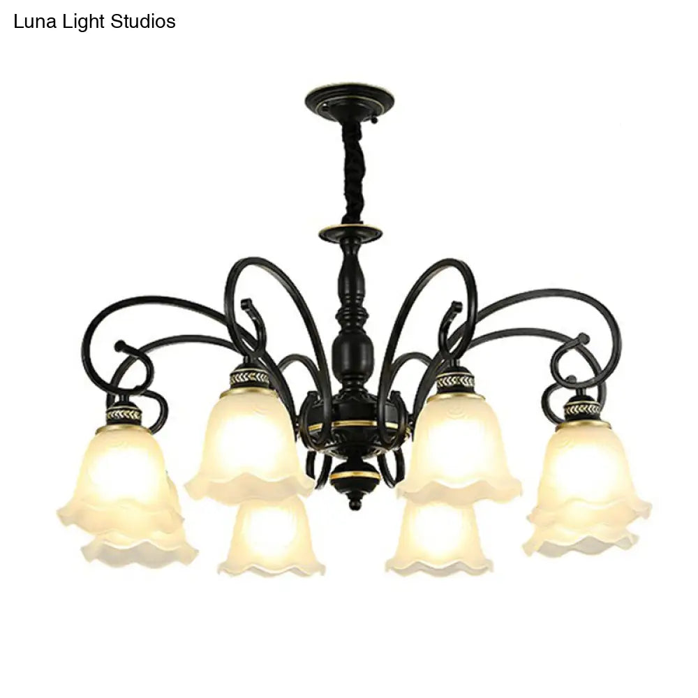 Rustic White Glass Chandelier With Ruffle Trim - Dining Room Suspension Light
