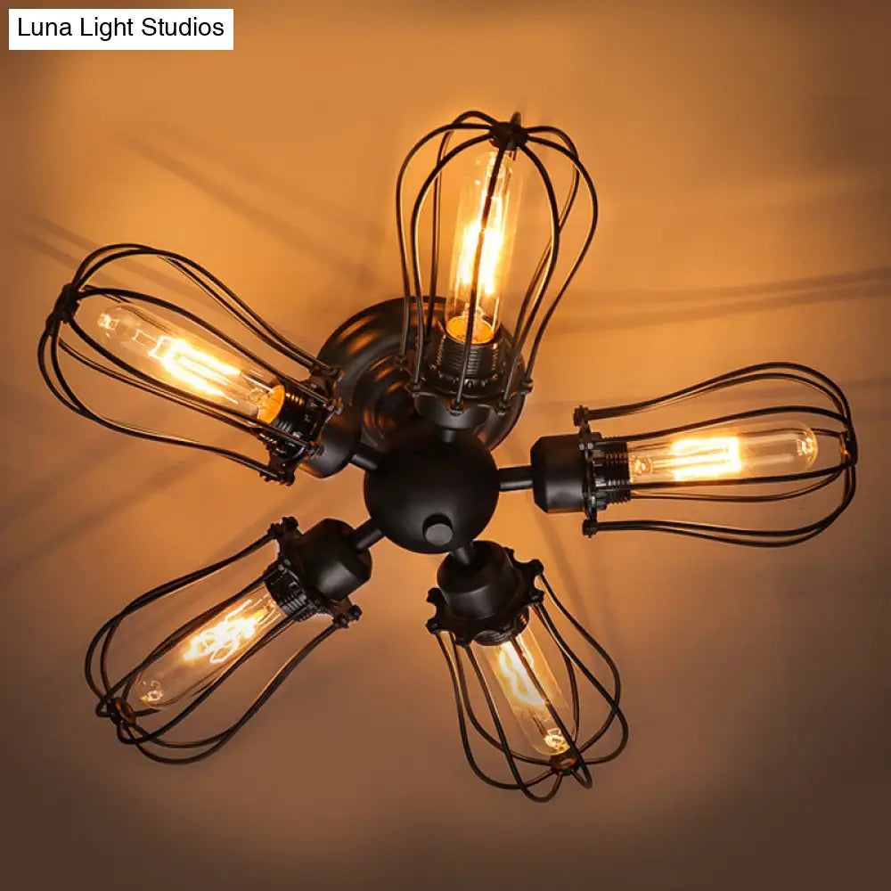 Rustic Wire Frame Ceiling Light - Vintage Bulb Shape With 3/5 Metal Lights In Black For Farmhouse