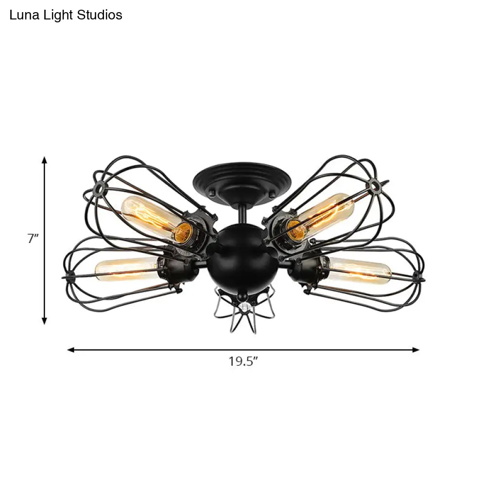 Rustic Wire Frame Ceiling Light - Vintage Bulb Shape With 3/5 Metal Lights In Black For Farmhouse