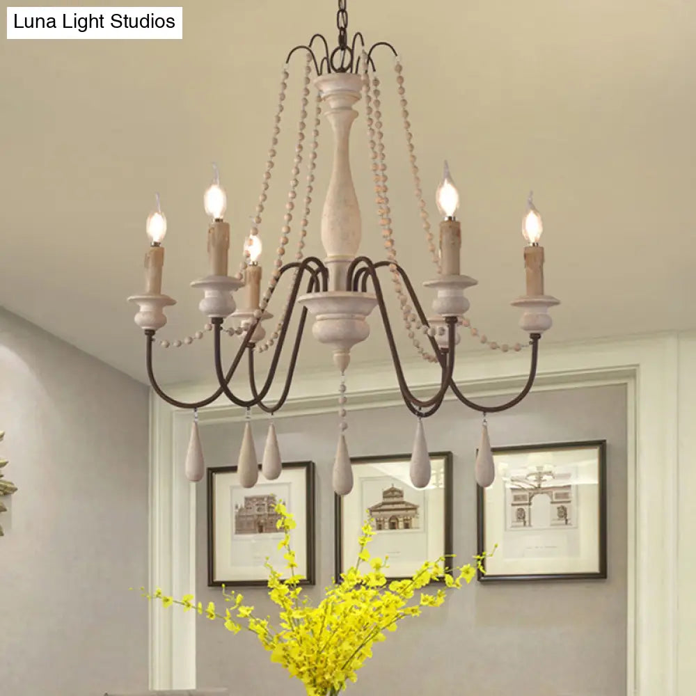 Rustic Wood Chandelier With 6 Bulbs And Bead Strand - Rural Candle Pendulum Light In White