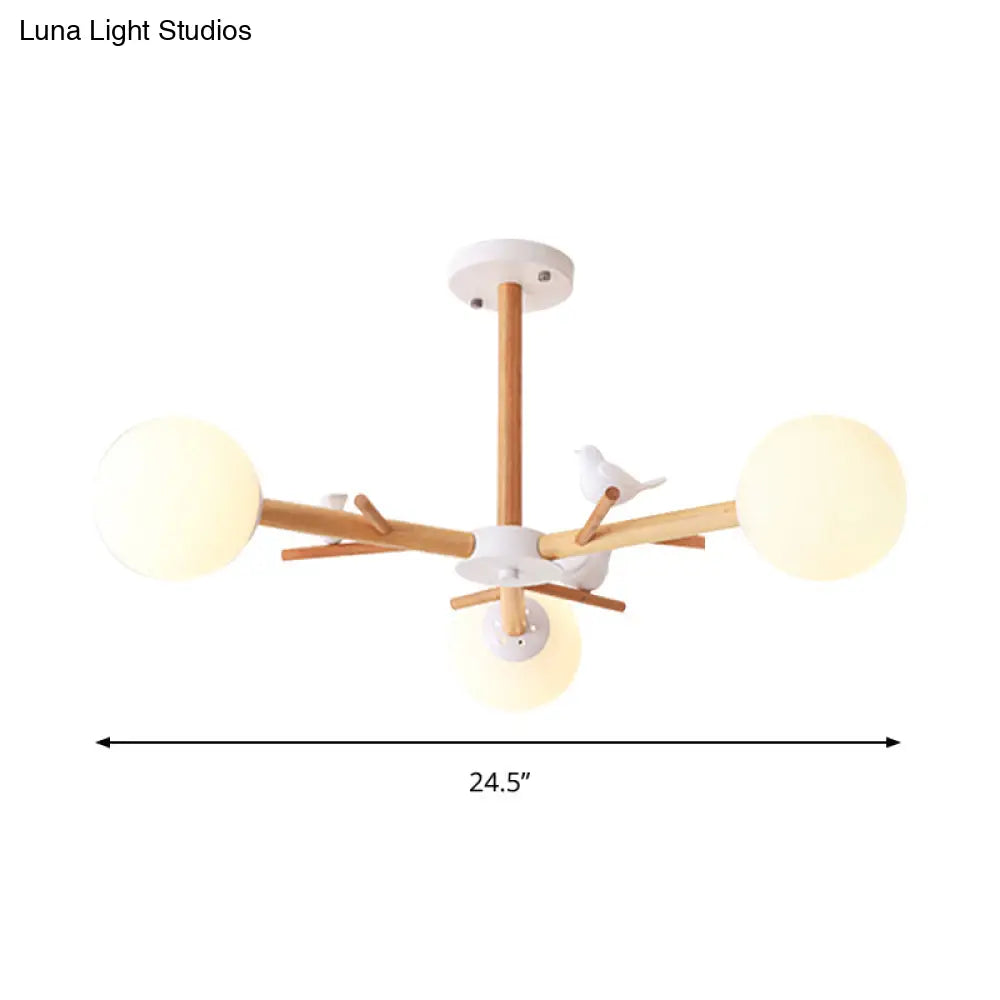 Rustic Wood Pendant Light With White Globe Shade And Bird Detail - Ideal For Dining Room