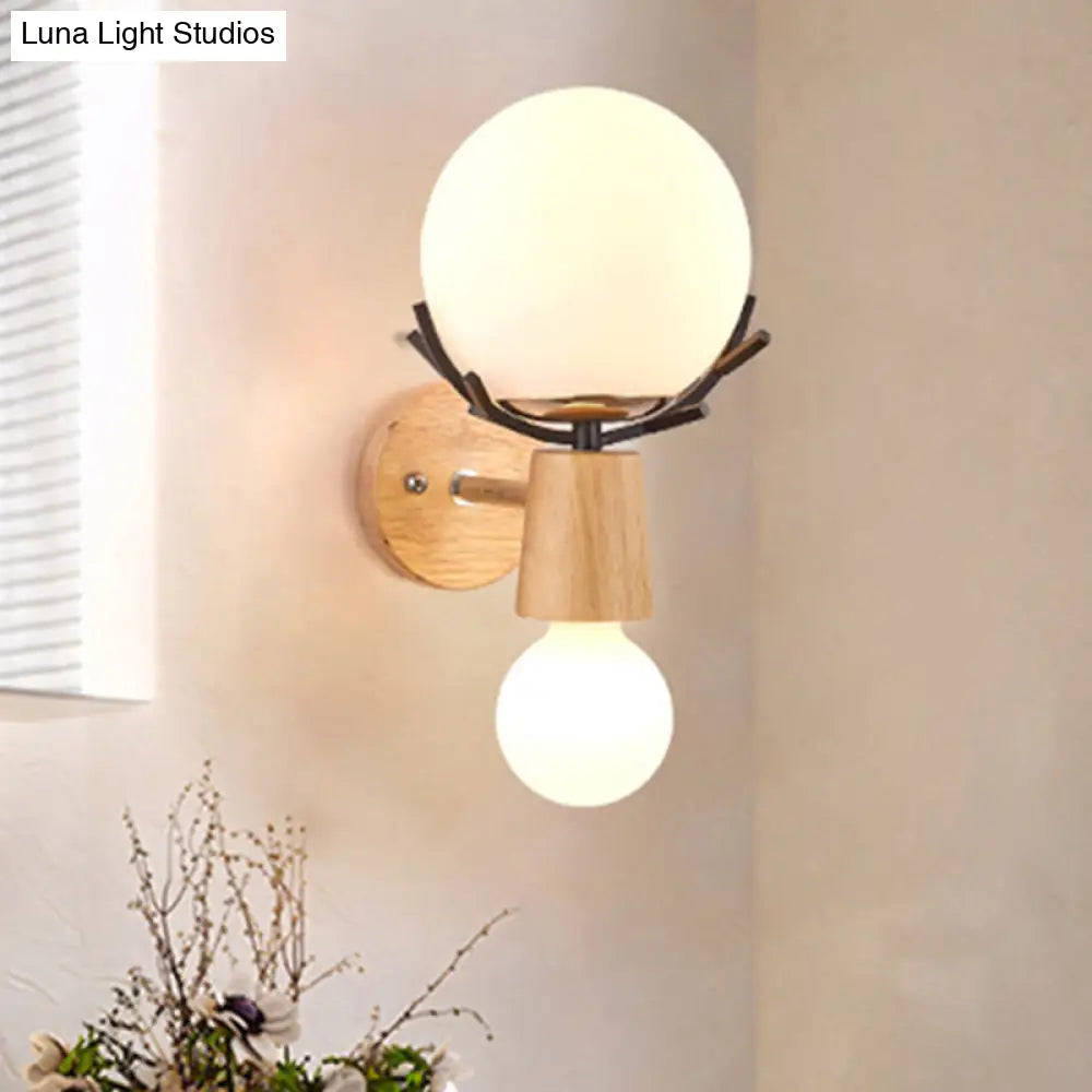 Rustic Wood Wall Lamp With Antler Accents - White Globe Sconce Light For Stairways