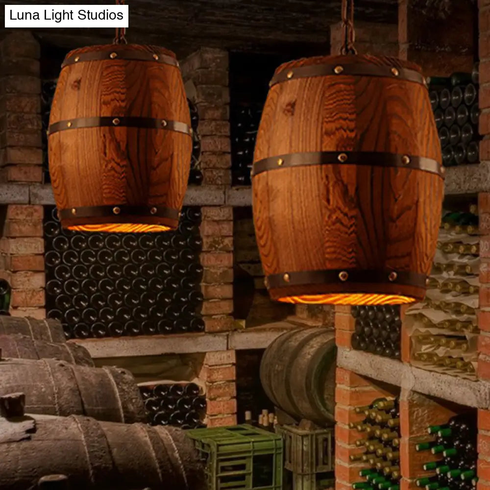 Rustic Wooden Wine Barrel Pendant Light - 1-Light Brown Suspension Lighting For Bistro