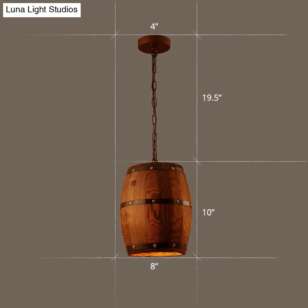 Rustic Wooden Wine Barrel Pendant Light - 1-Light Brown Suspension Lighting For Bistro