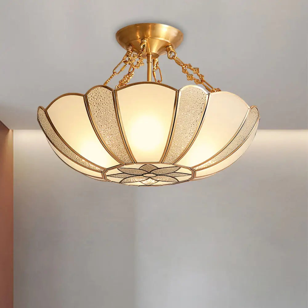 Scalloped Brass Opal Glass Ceiling Light Fixture - 4 - Head Traditional Semi Flush With Flower